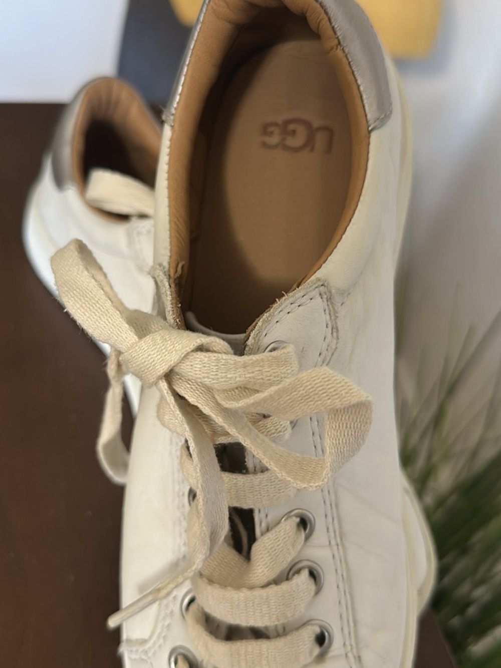 UGG Off-White Leather Low-Top Sneaker with Tan Heel
